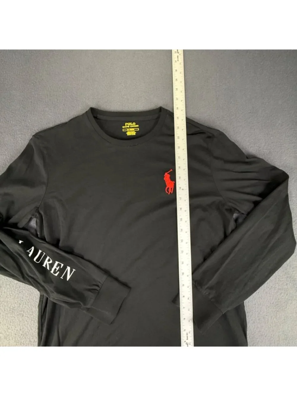 Polo Ralph Lauren Long Sleeve T-Shirt Black Big Pony Sleeve Print Mens Med EUC